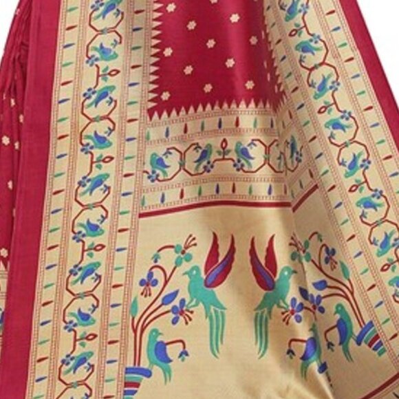 NWT Pisara Sparrow Birds Floral Red Art Silk Saree OS - Picture 2 of 7